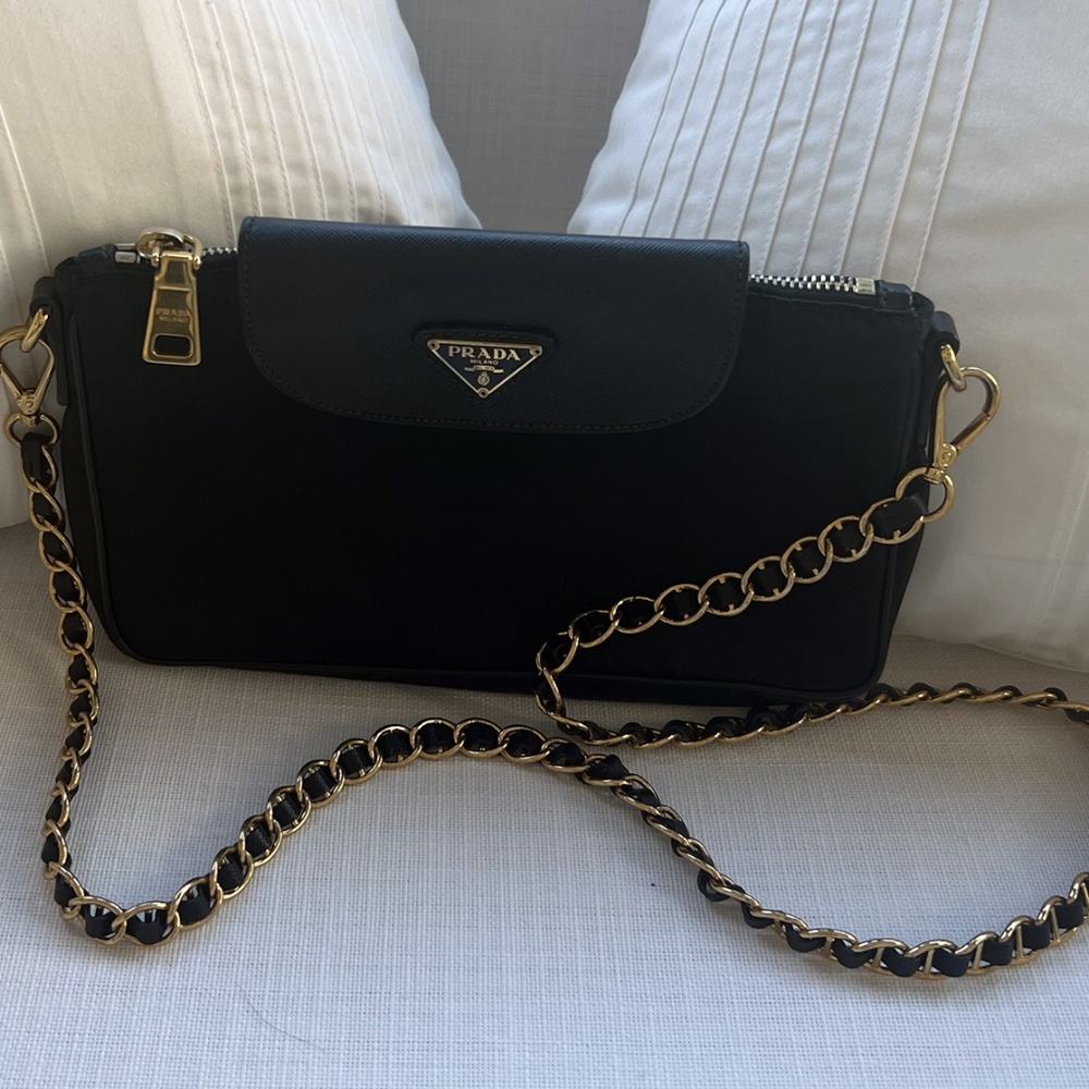 PRADA Tessuto and Saffiano Black Leather and Nylon Purse